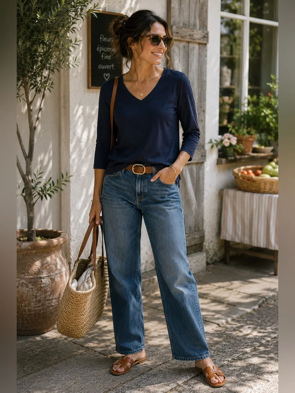 J.Jill Navy Pima Cotton V-Neck 3/4 Sleeve Tee | Soft Capsule Basic Medium - Picture 1 of 8